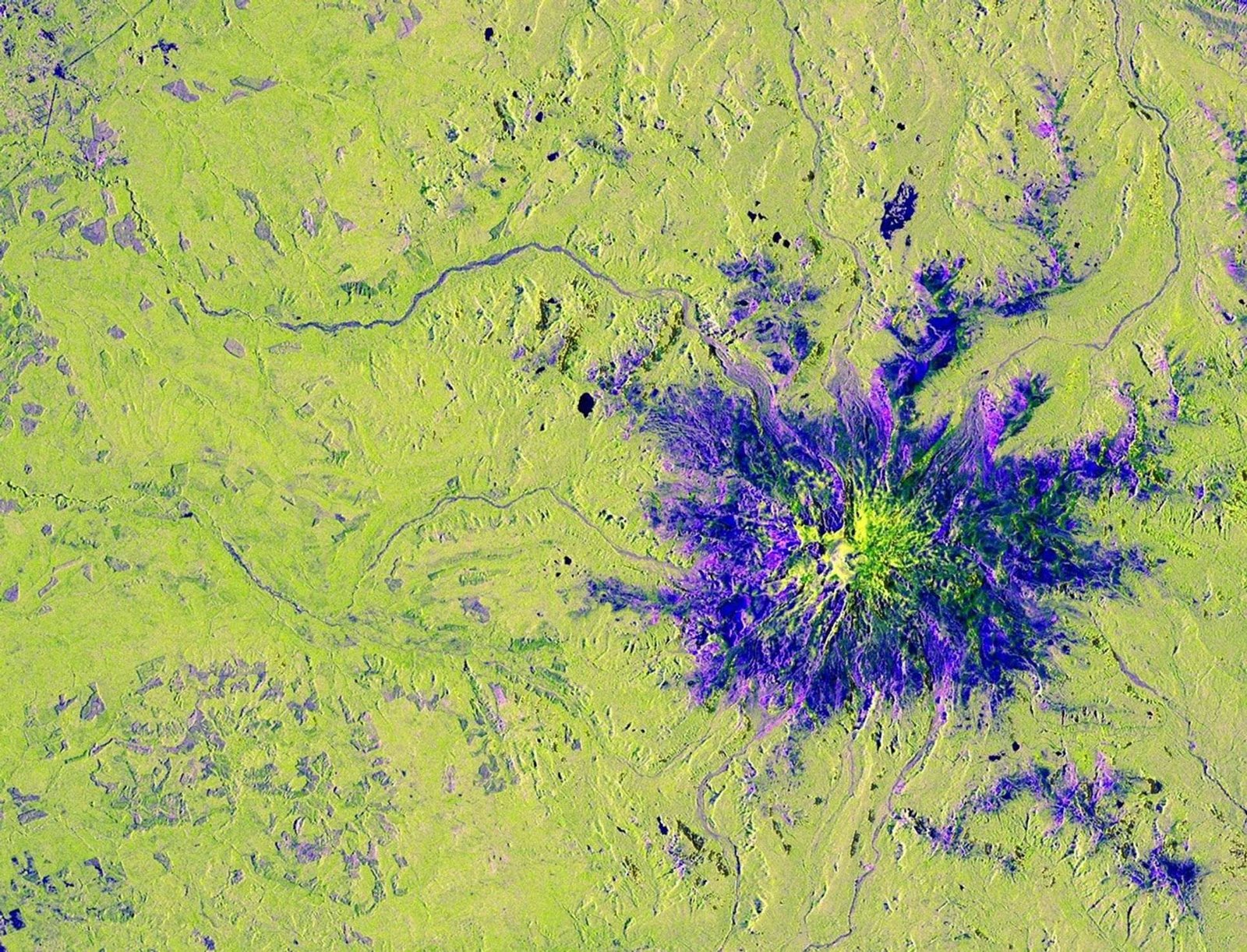 An overhead view of a mountain and the area around it, with unnatural colors added to the radar image. The ground is colored a bright spring green, while the mountain is purple, spreading out like a flower, with a center that's bright fluorescent yellow-green.