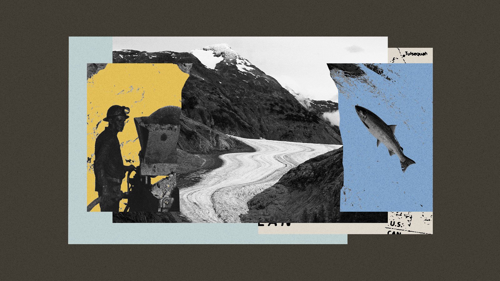 Collage of glacier, salmon, miner, and map of Alaska