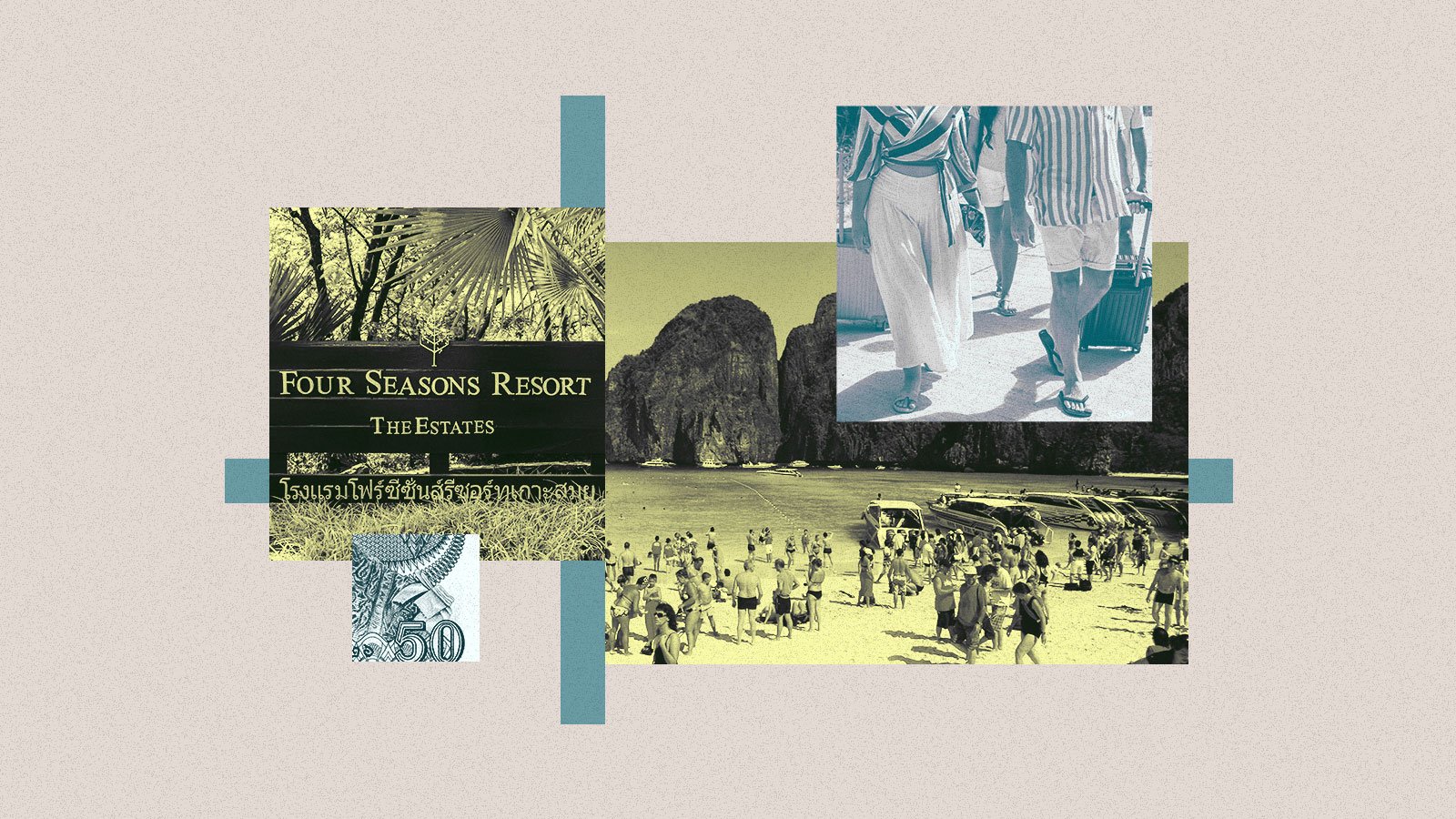 Collage of the Four Seasons Resort in Koh Samui, Maya Beach, tourists walking with suitcases, and a Thai banknote