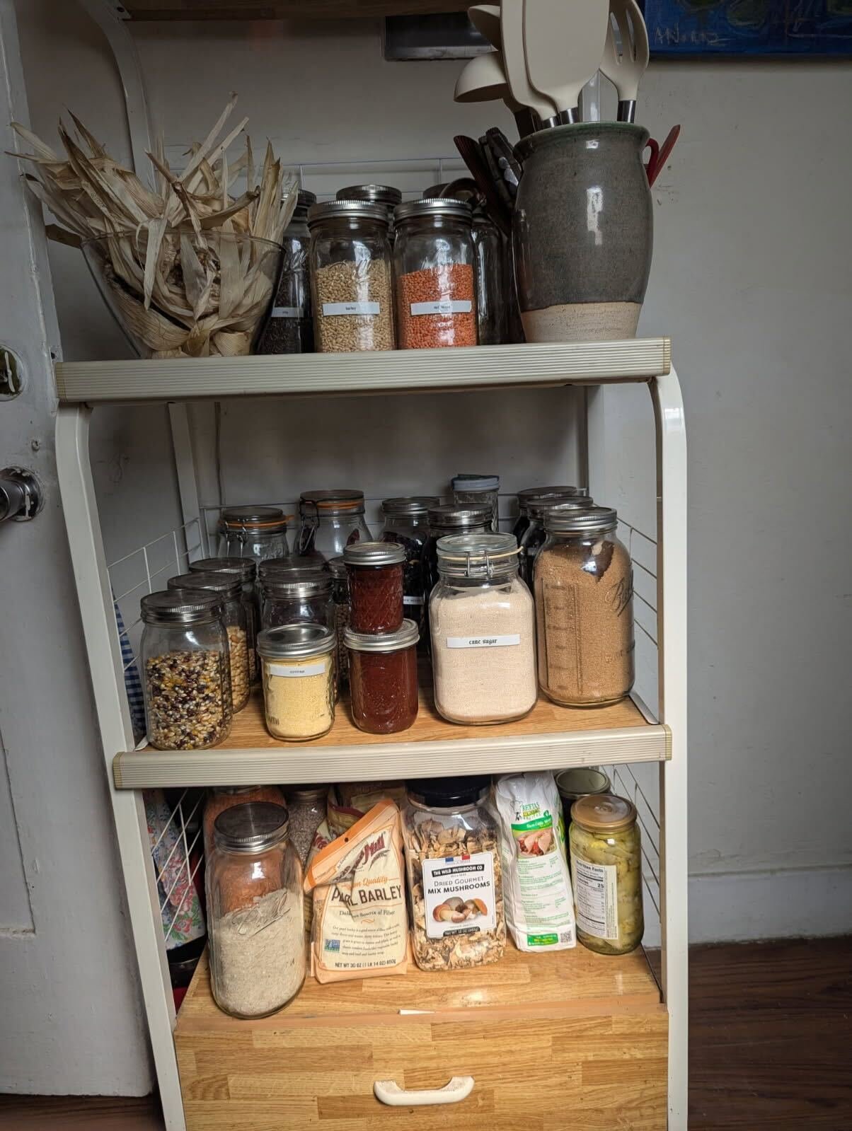 A two-tier shelf laden with jars, dried plants, dried staples