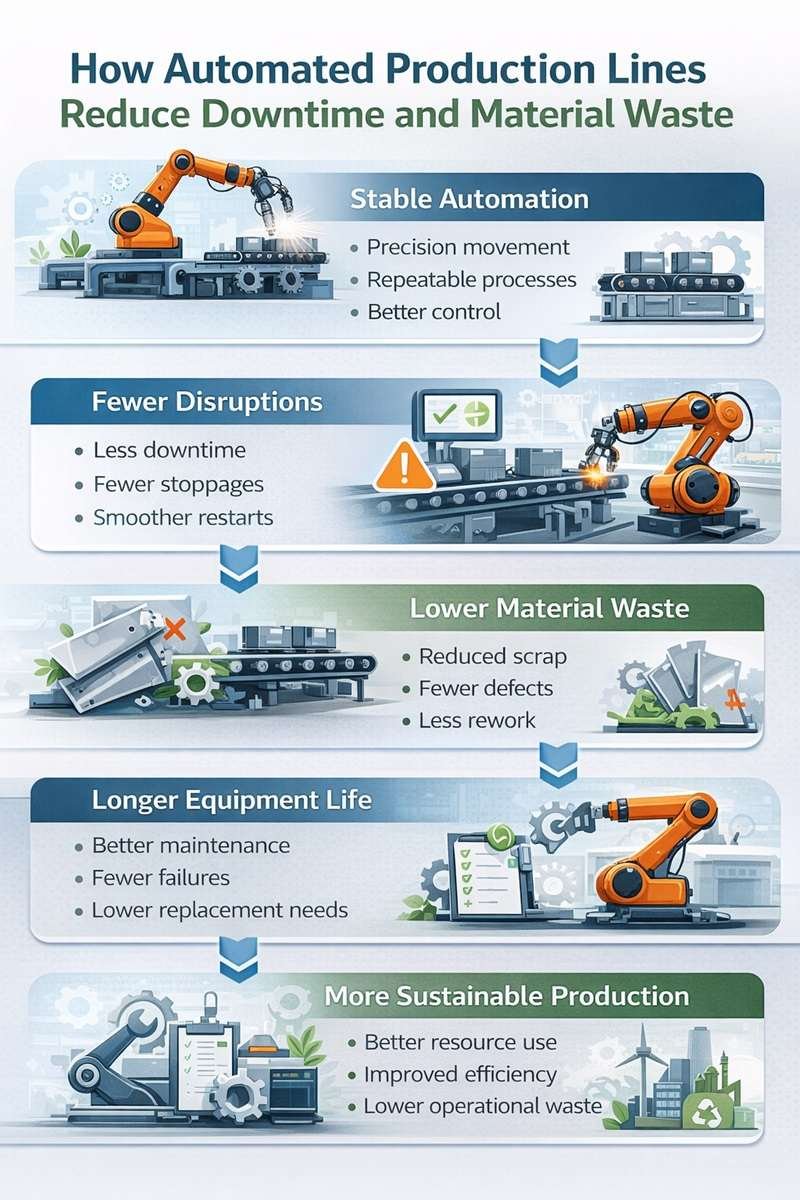 Infographic explaining how reliable automated production lines reduce downtime, scrap, rework, and material waste in manufacturing.