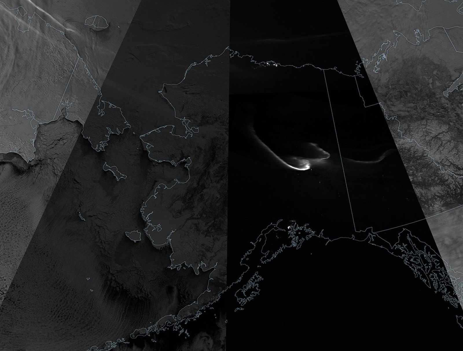 A grayscale composite satellite image centered on Alaska shows observations at several times during a total lunar eclipse. Snow, ice, and clouds appear bright in swaths acquired before and after the eclipse and darker gray in the partial phase. The scene during the total phase is mostly black.