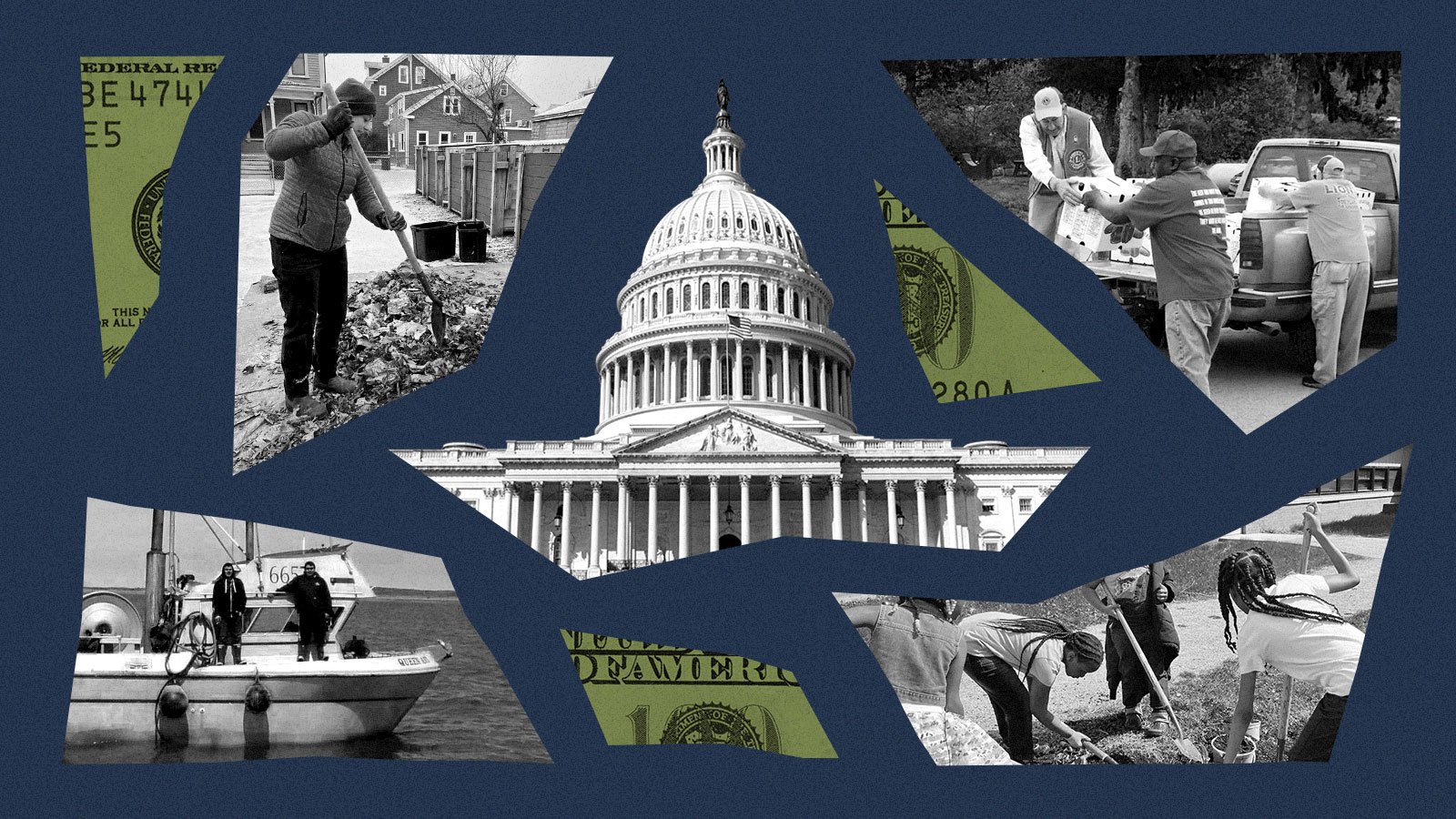 Collage of Capitol building, snippets of dollar bills, and photos of climate-related work