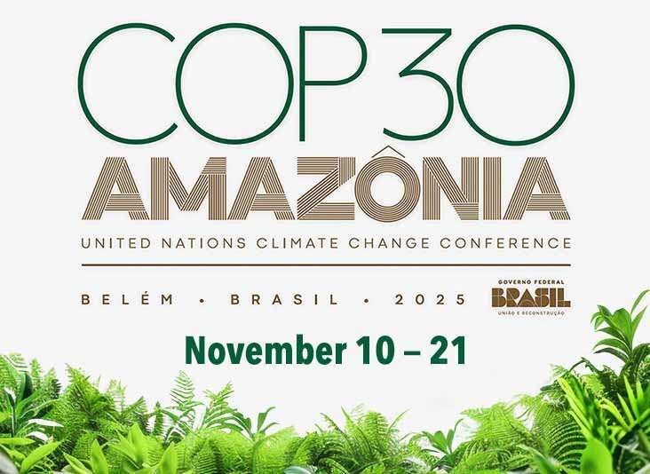 Dates and location for the COP30 conference above a spread of tropical plants.