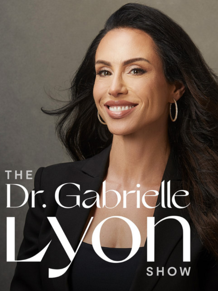 Smiling woman with long dark hair and hoop earrings, wearing a black outfit. Text: "The Dr. Gabrielle Lyon Show.