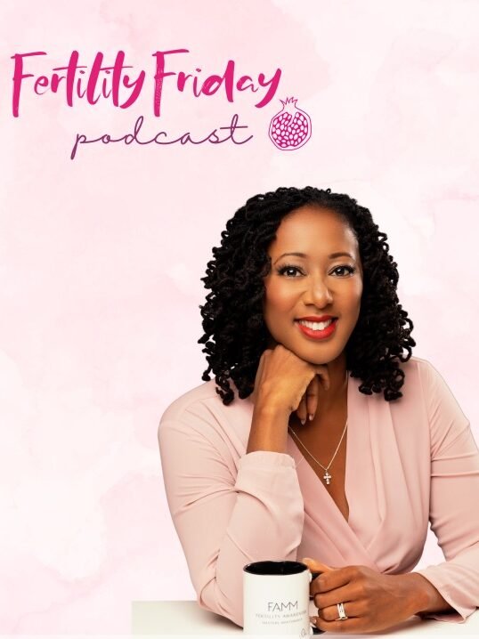 A woman with curly hair in a pink shirt sits at a table holding a white mug, set against a pink background with text "Fertility Friday Podcast" and "Lisa Hendrickson-Jack, FAE, HRHP.