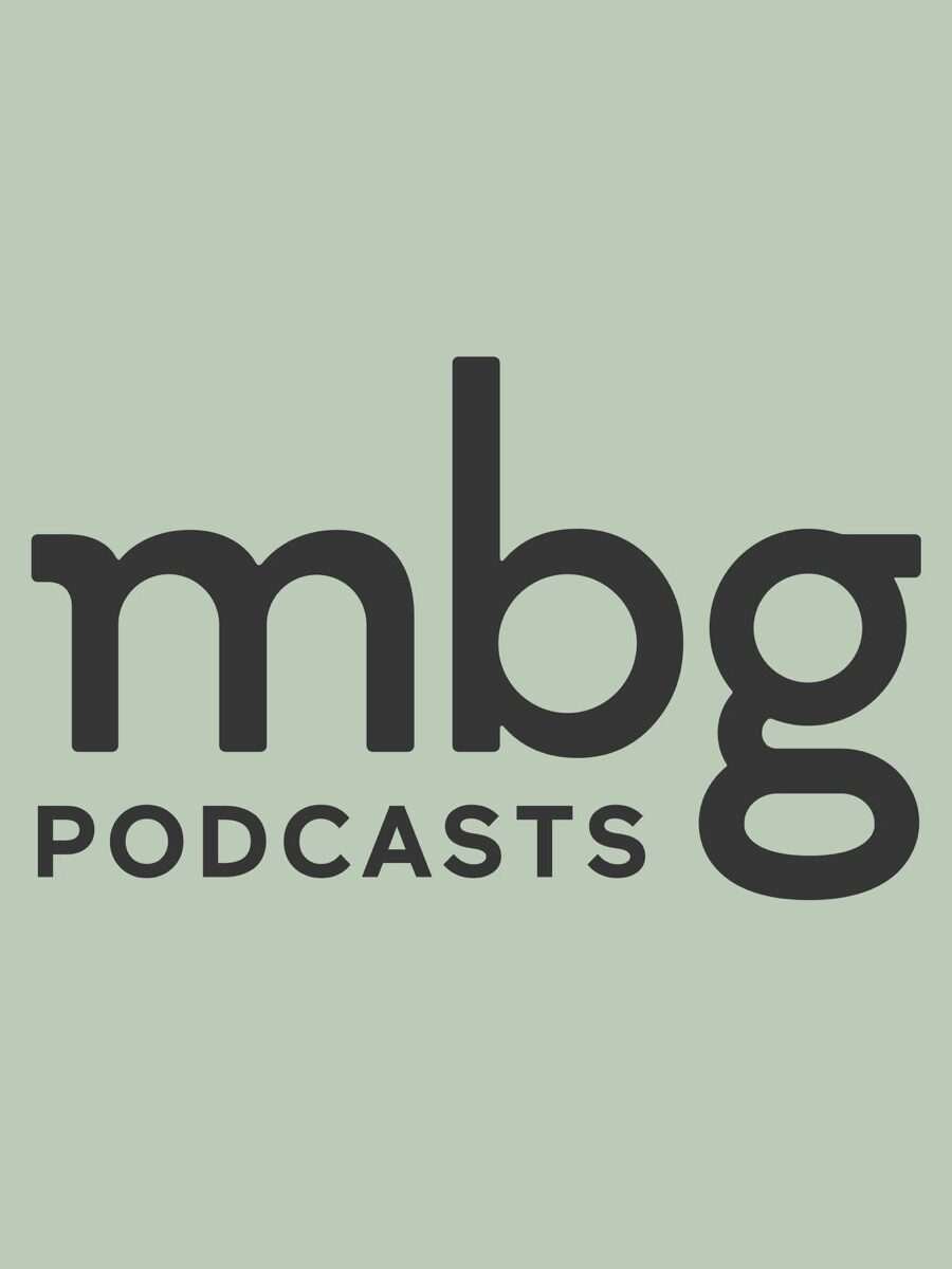 Mbg podcasts logo on a light green background.