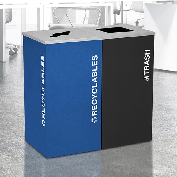 A recycling and trash bin