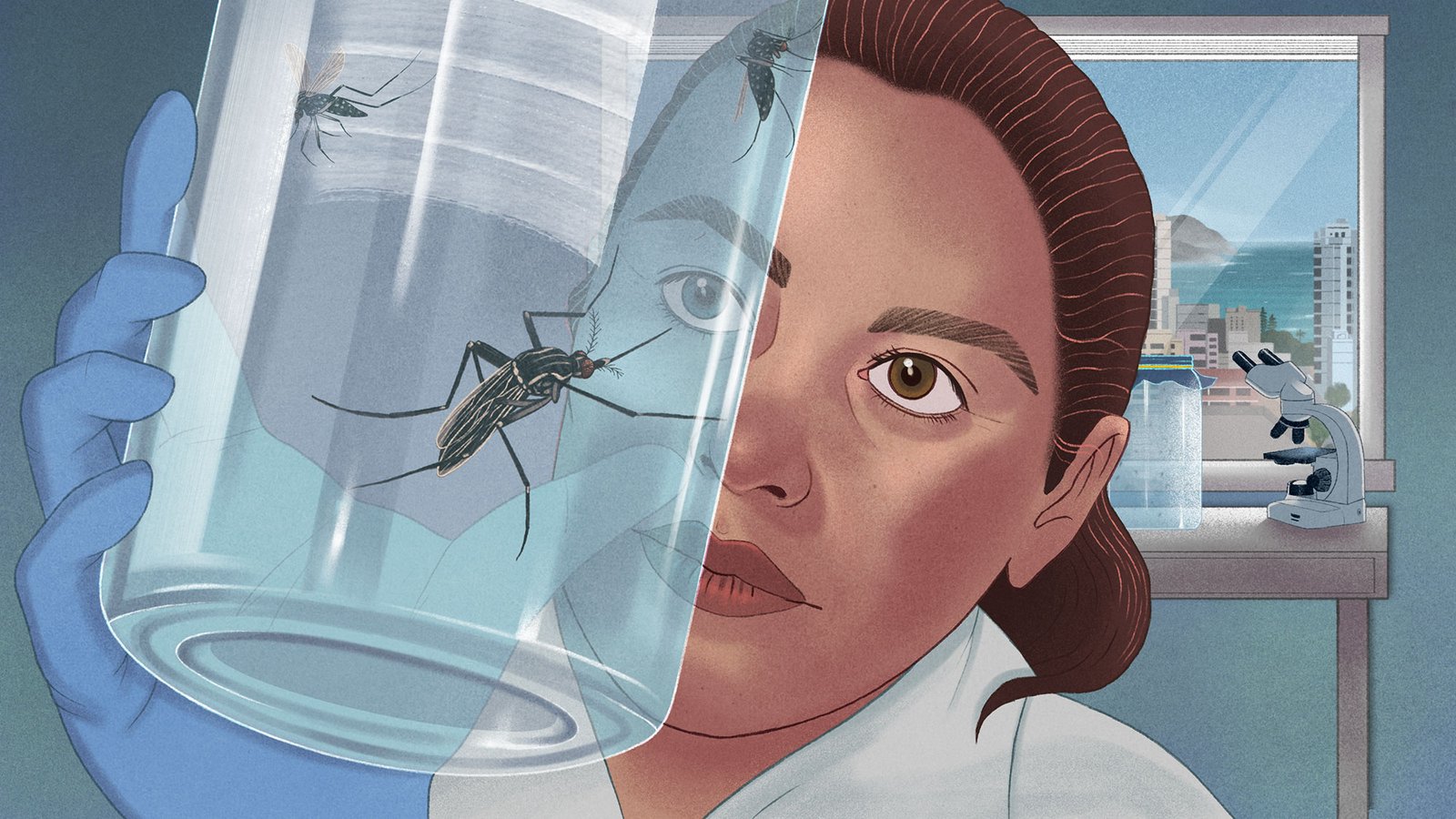 An illustration of a woman in a lab looking up close at a mosquito in a jar
