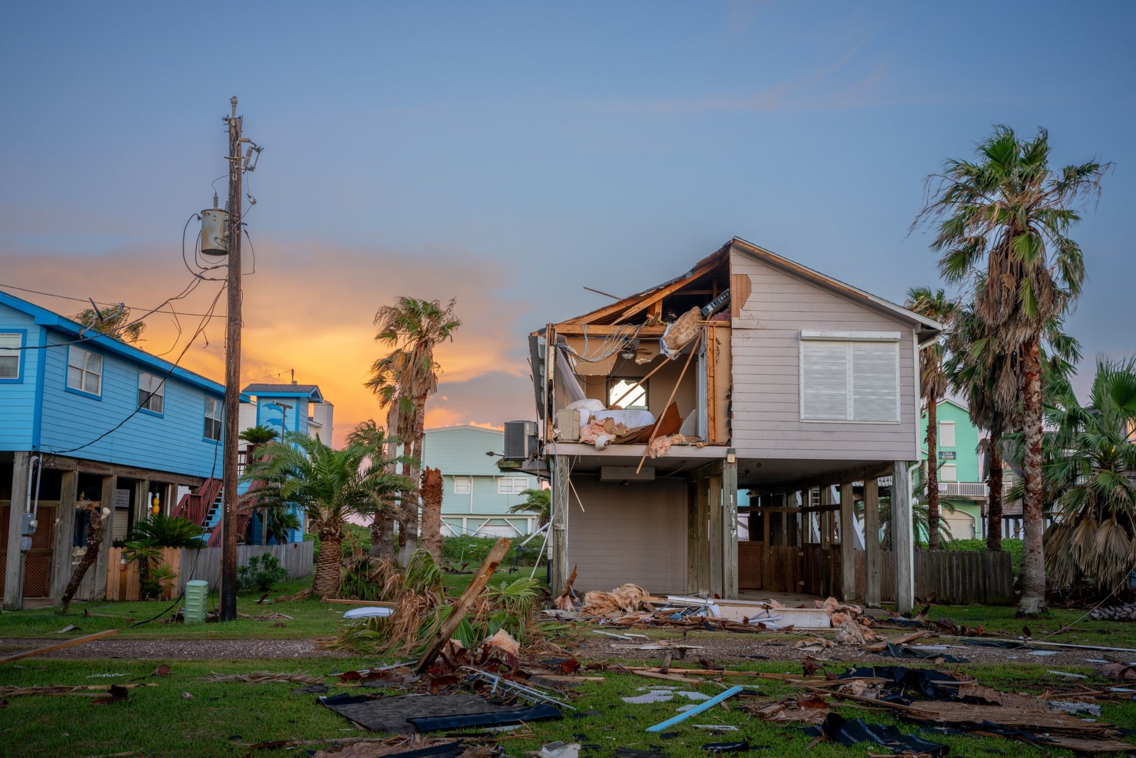A home is severely damaged after Hurricane Beryl swept through the area on July 08, 2024 in Freeport, Texas. Tropical Storm Beryl developed into a Category 1 hurricane as it hit the Texas coast late last night. (Photo by Brandon Bell/Getty Images)