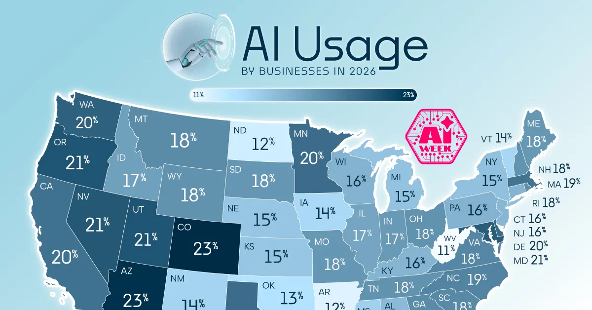 The preview image for a U.S. map showing which states have the largest share of businesses using AI.