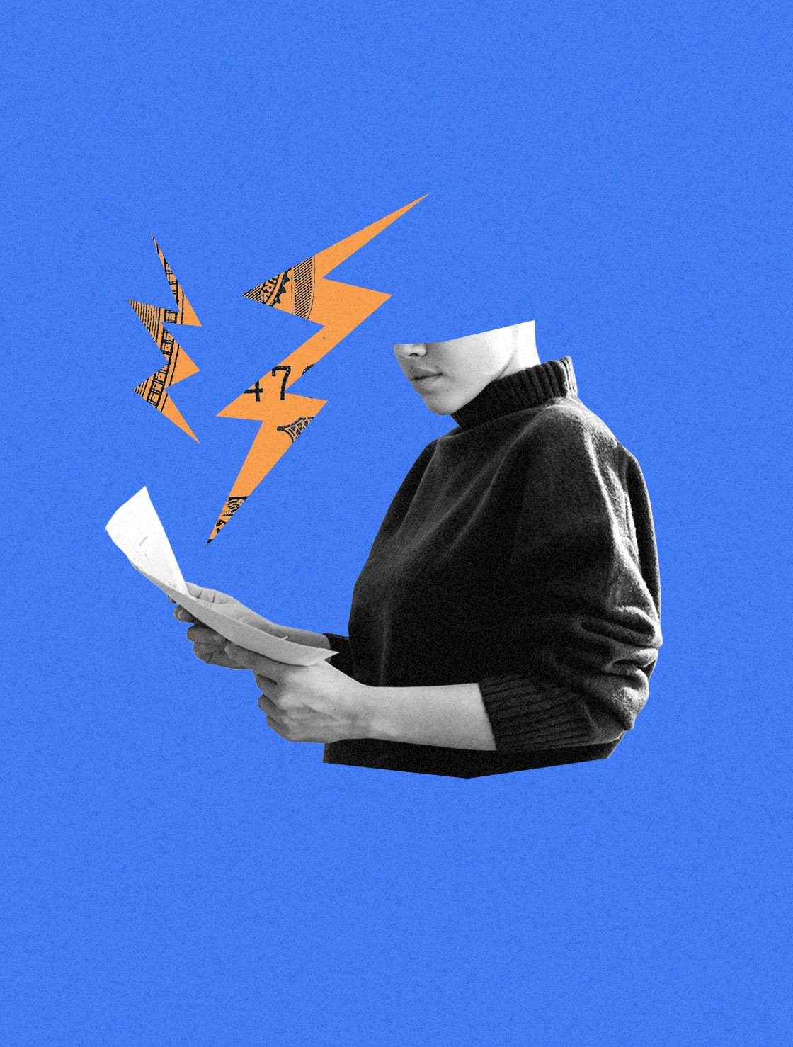 Person holding electric bill with orange lightning bolts sparking from it