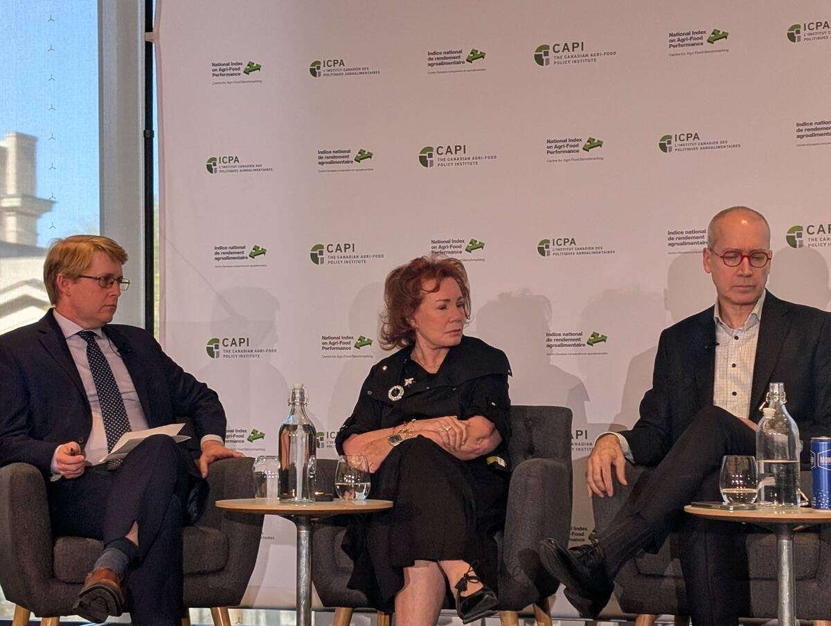 Arlene Dickinson, centre, at a Canadian Agri-Food Policy Institute panel in Ottawa. The Dragons’ Den investor has been vocal about Canada’s untapped potential in global agri-food trade. Photo: Jonah Grignon