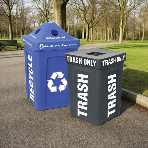 A set of trash and recycling bins
