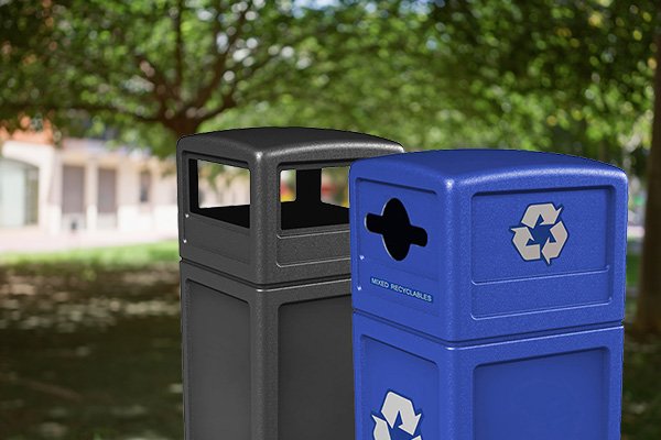 A set of recycling and trash Polytec bins