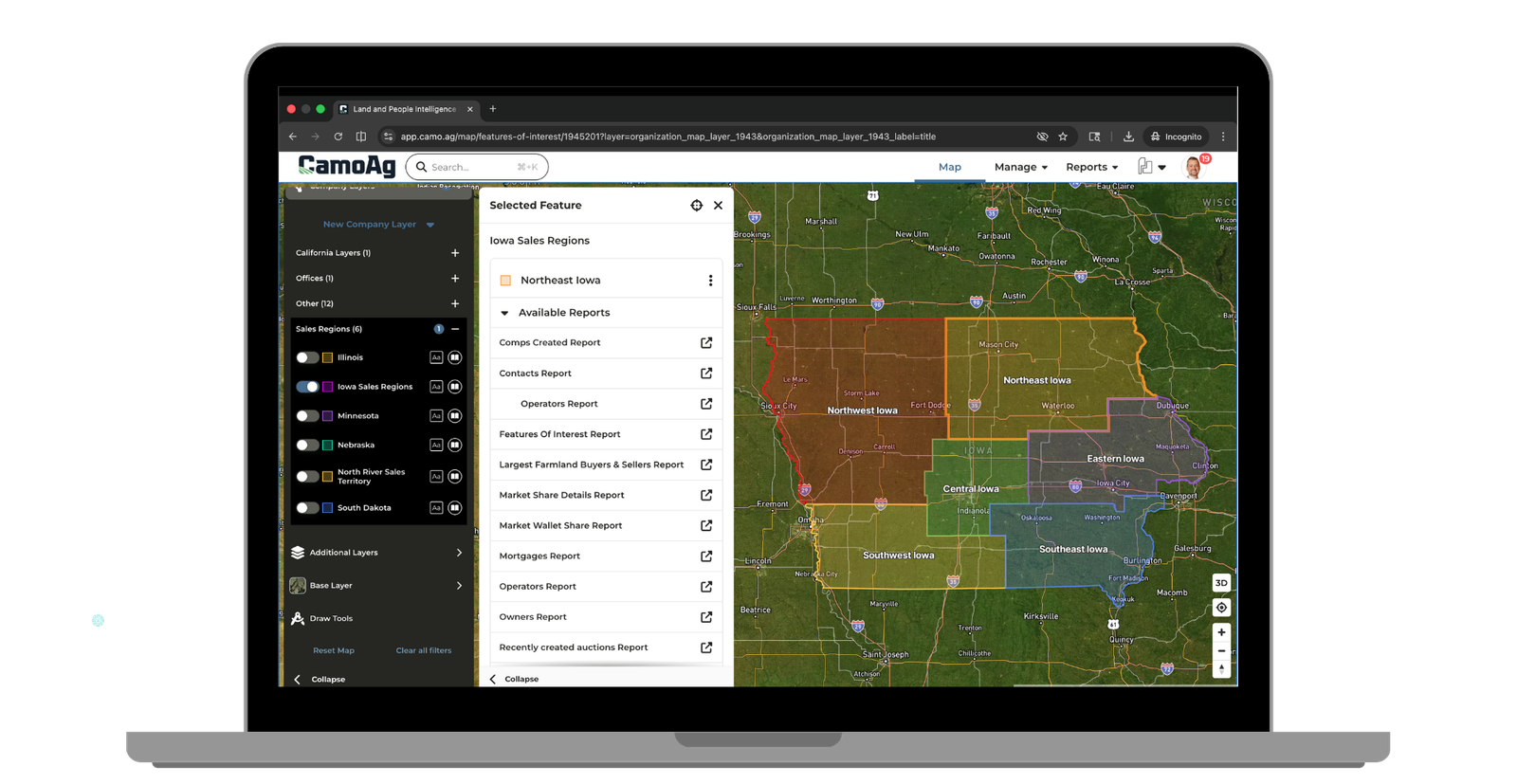 The CamoAg platform features territory mapping tools that allow sales teams to define, visualize and manage specific market regions. Image credit: CamoAg