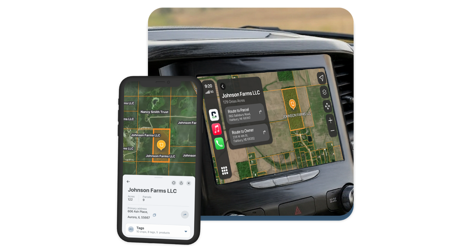 The new CamoAg iPhone app features CarPlay integration, allowing users to access customer information, farm data and navigation features directly from a vehicle's dashboard. Image credit: CamoAg