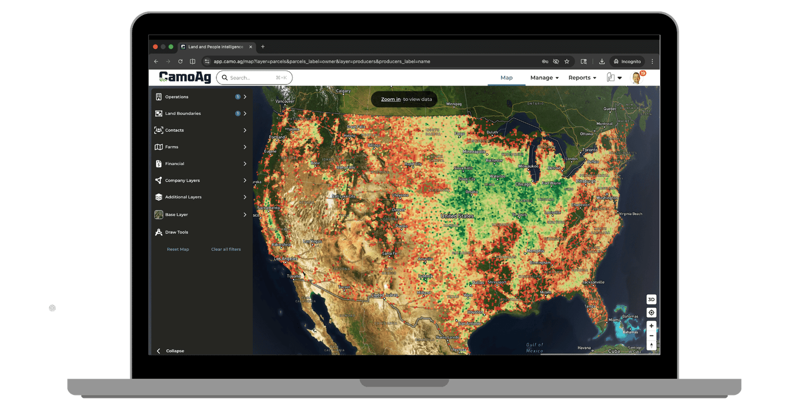 The homepage of the CamoAg platform displays an interactive map interface, providing users with a centralized view of agricultural land data and producer insights. Image credit: CamoAg