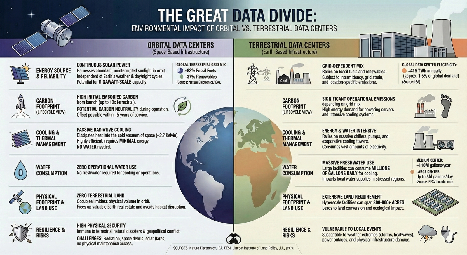 Orbital data center infographic. Environmental impact of orbital and terrestrial data centers