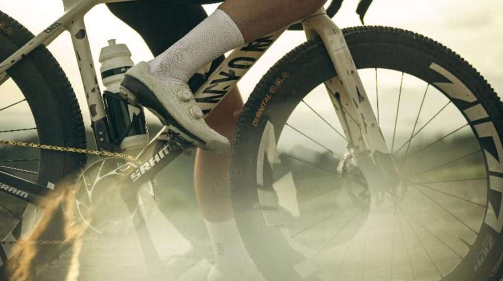 The Dubnital 50mm on a canyon gravel bike with a rider in white socks and cycle shoes.