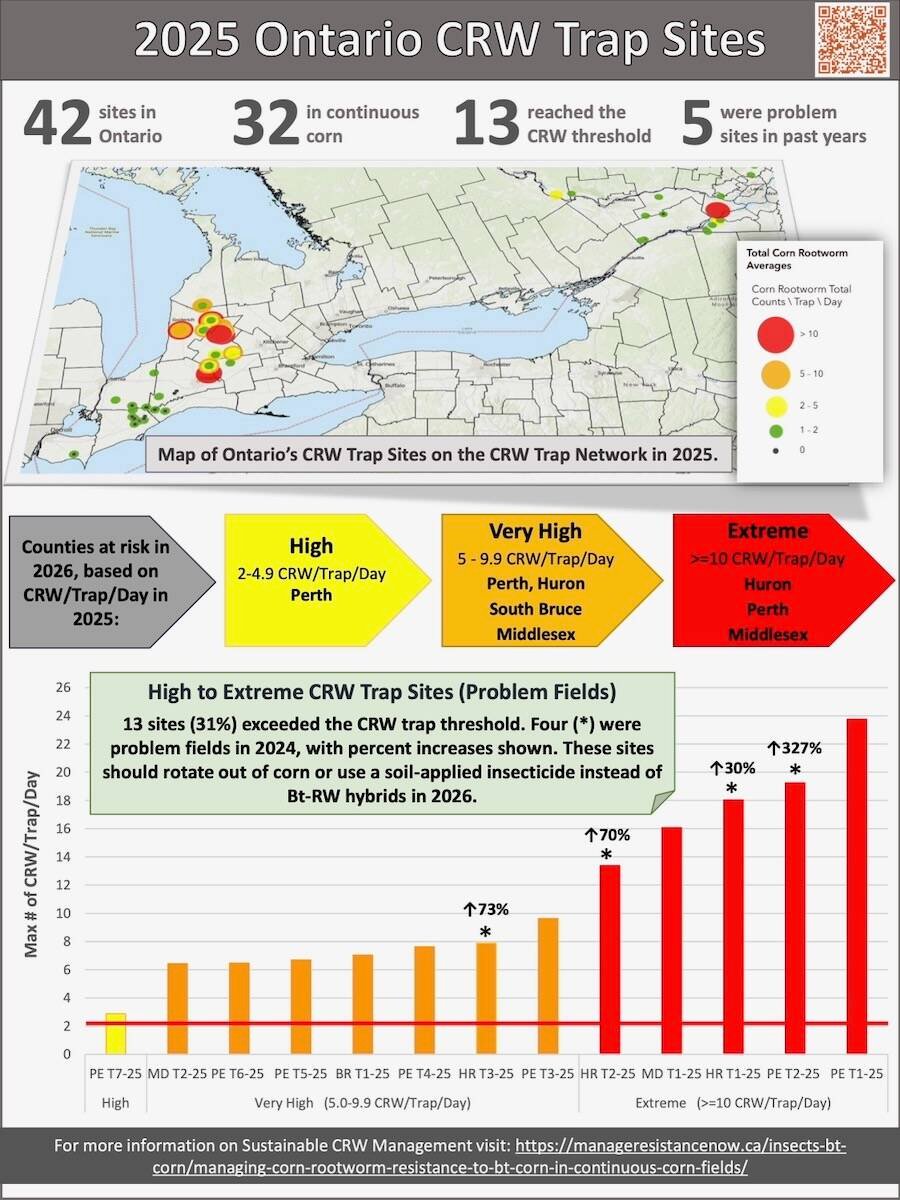 Where 2025 CRW trap sites were located and what they told researchers. Photo: Courtesy Tracey Baute