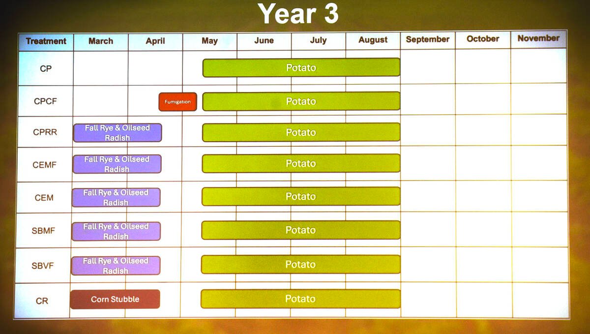 Research result graphs from Griffen Bailey's Potato Early Dying (PED) research performed across Ontario and at the Simcoe Research Station from 2021 to 2023. 