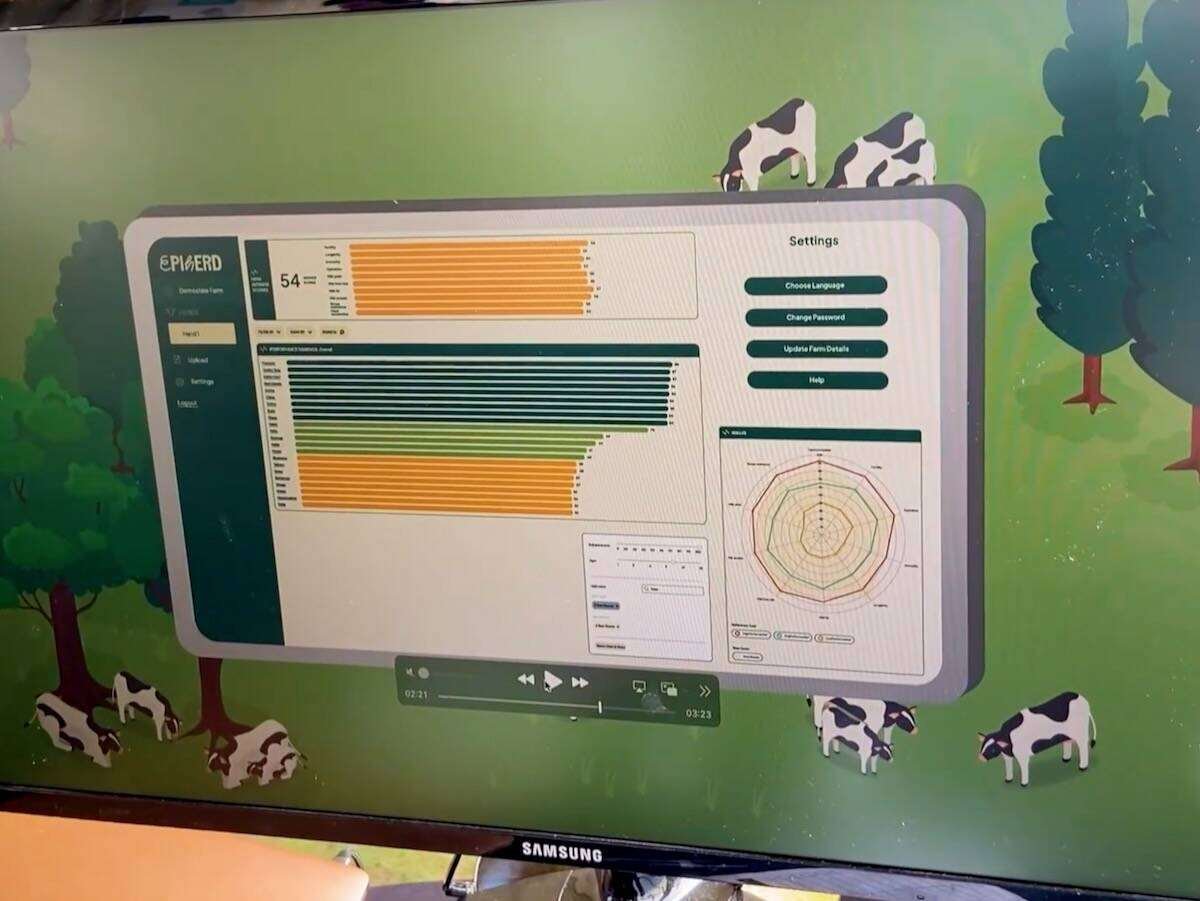 Antler Bio’s EpiHerd focuses on epigenetics, identifying specific cattle genes for their response to a dairy cow’s condition and surroundings. Photo: Farmtario video screengrab