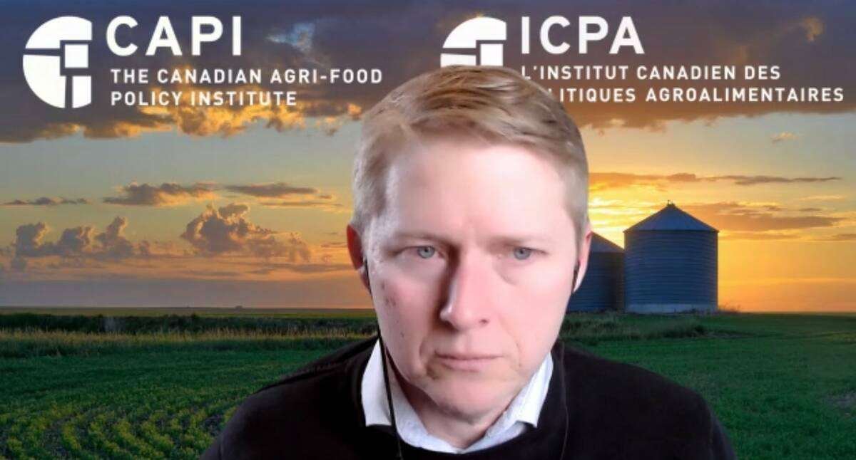 CAPI’s Tyler McCann, shown here speaking in March last year in an online Manitoba farm group meeting, says that while different domestic policies steer agriculture in various countries, the issues themselves are all similar. Photo: Keystone Agricultural Producers video screengrab
