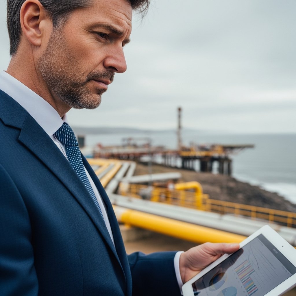 Energy executive reviewing documents near an offshore oil and gas facility on the UK coast