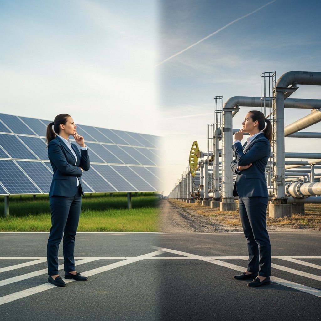 Green energy professional standing between solar panels and oil pipeline infrastructure symbolising the energy transition deb