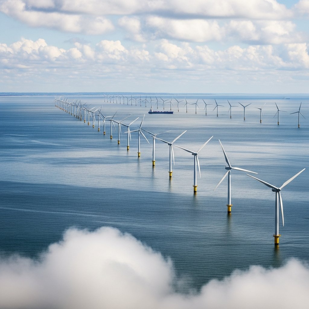 Large UK offshore wind farm stretching across the coastline representing Britain's renewable energy growth