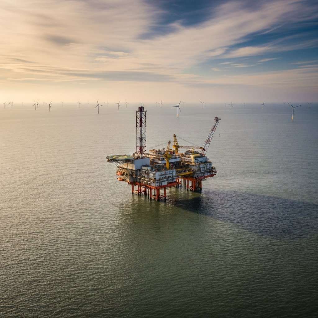 North Sea oil platform with offshore wind turbines visible in the background at golden hour