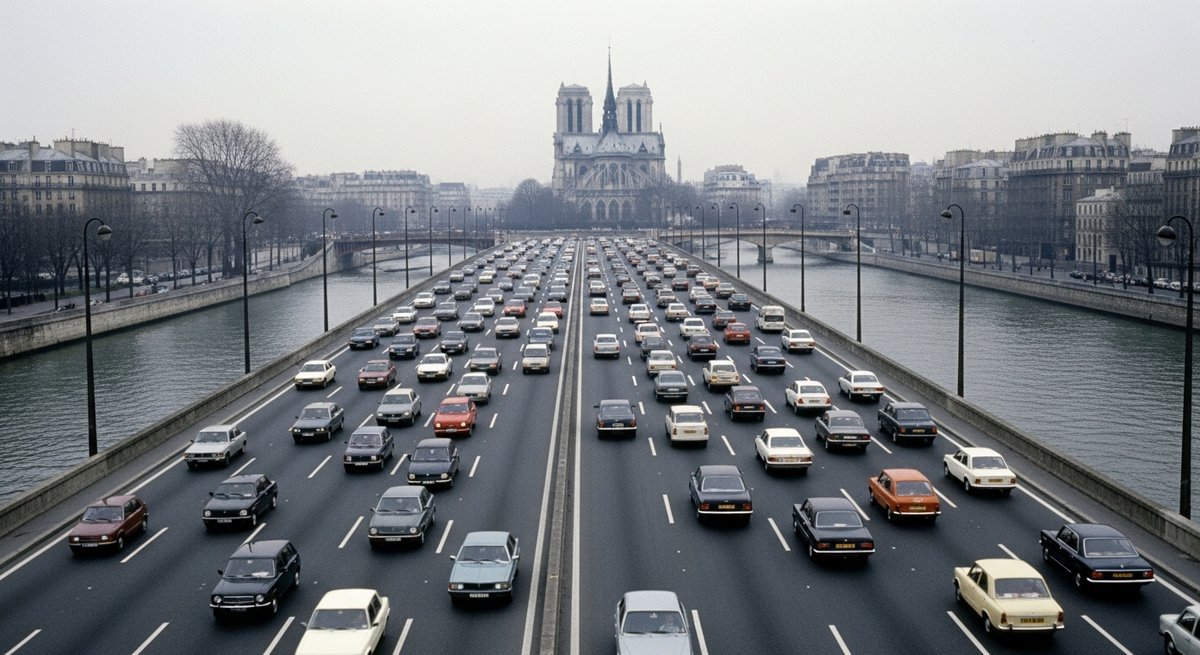 Heavy car traffic on the Voie Georges Pompidou expressway along the Seine riverbank in mid-20th-century Paris