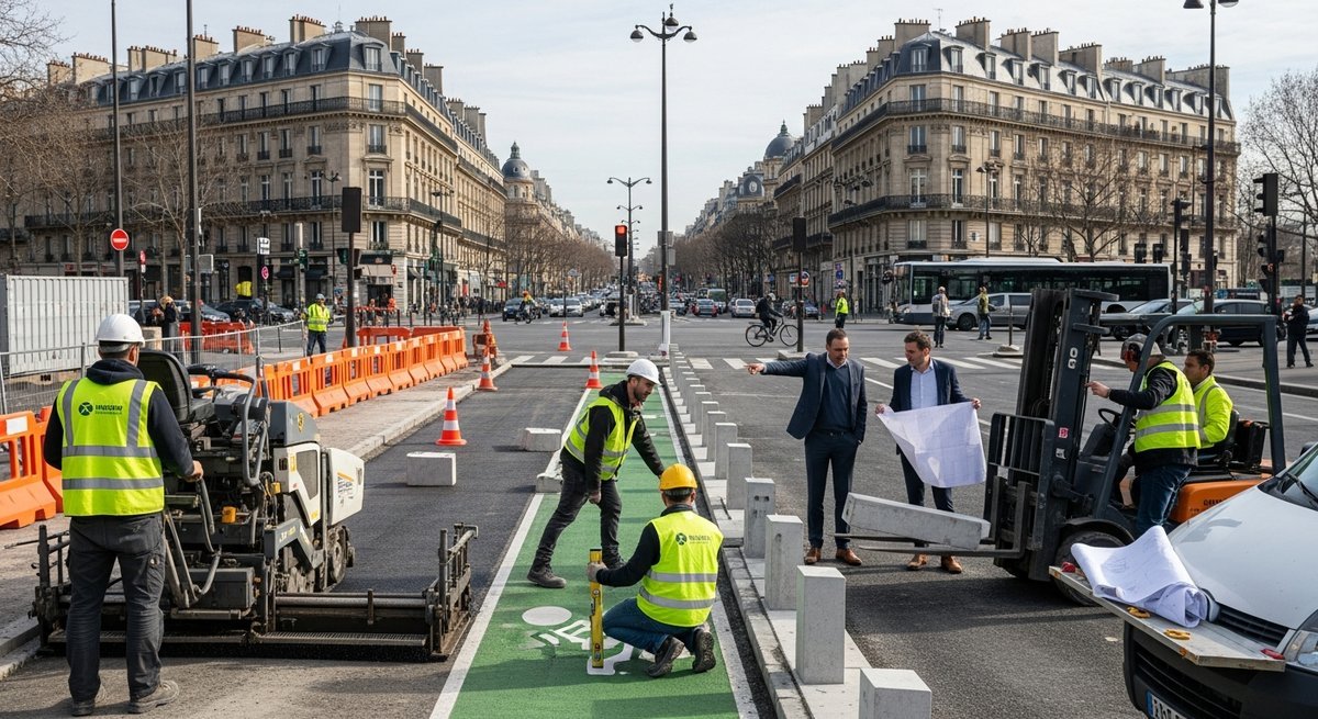 Workers installing green-painted protected cycle lane infrastructure on a central Paris street, removing parking bays