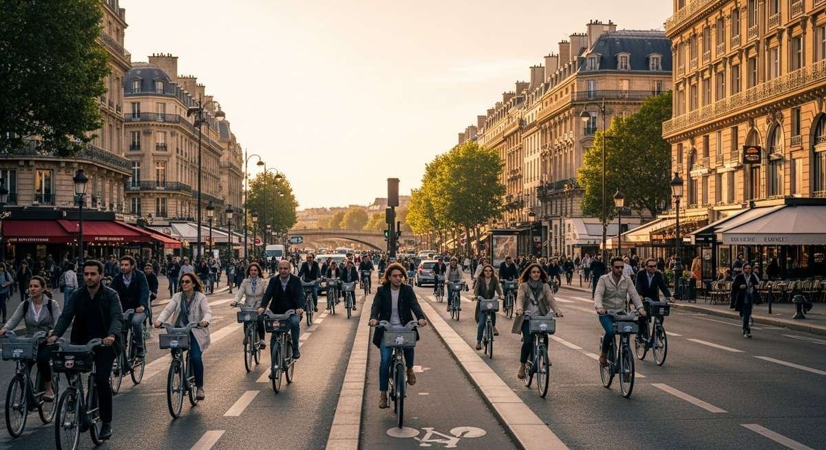 Cyclists riding a protected bike lane along a Parisian boulevard lined with Haussmann buildings at golden hour - Paris cyclin