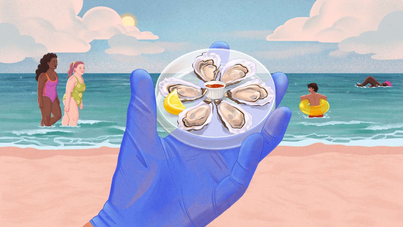 illustration of a beach scene with people wading and swimming in the ocean, with a gloved hand holding a Petri dish with 6 oysters on the half shell