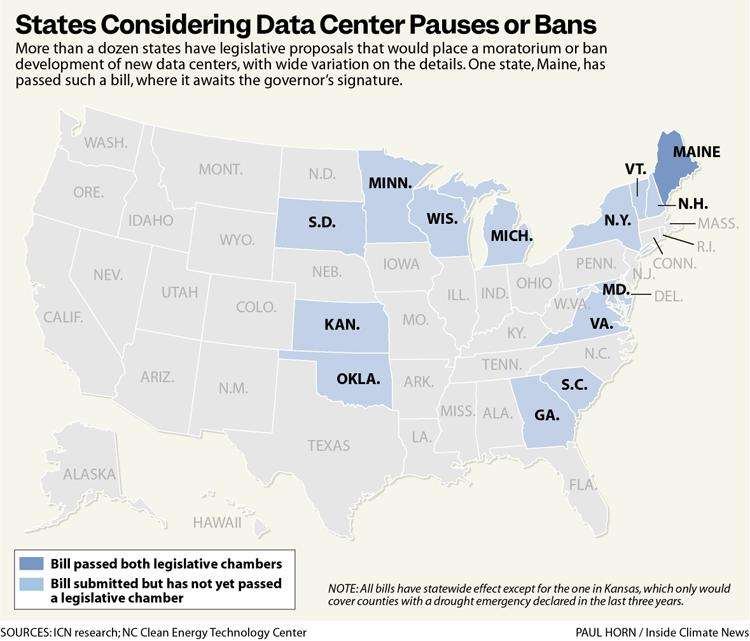 Map of states considering data center pauses or bans