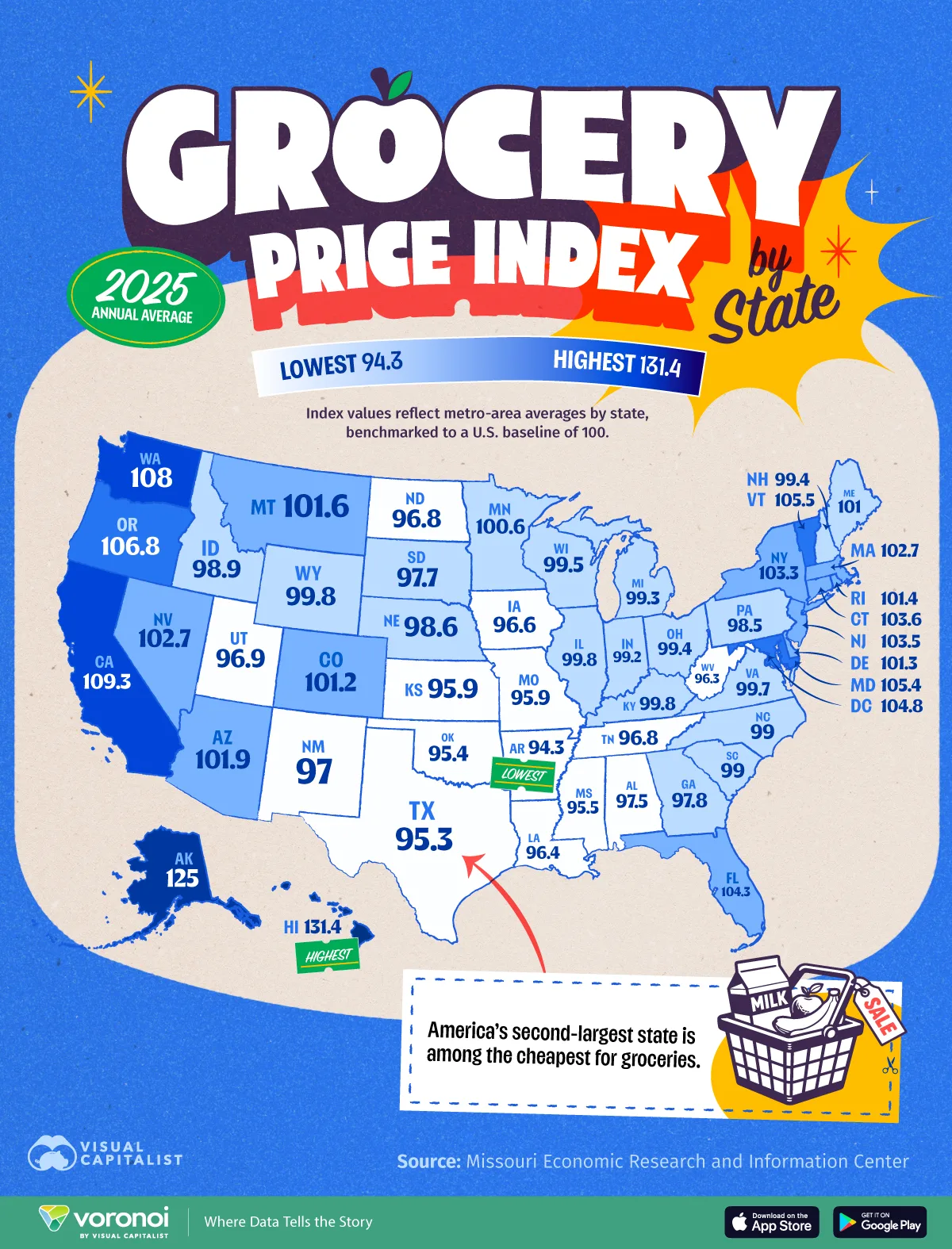 Map showing the grocery price index by state in 2025.