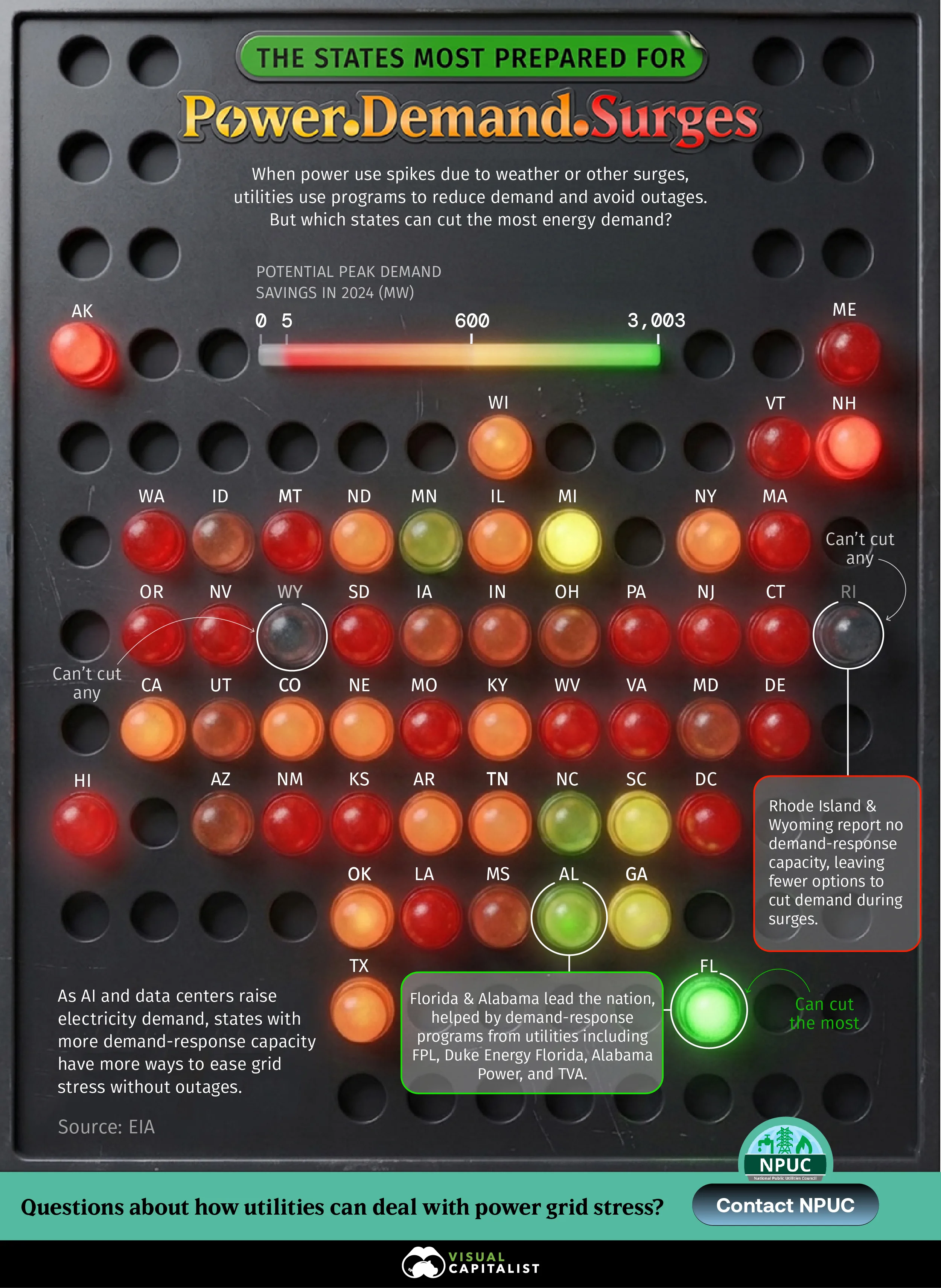 A map showing which U.S. states are most prepared for grid stress by comparing their peak potential demand savings.