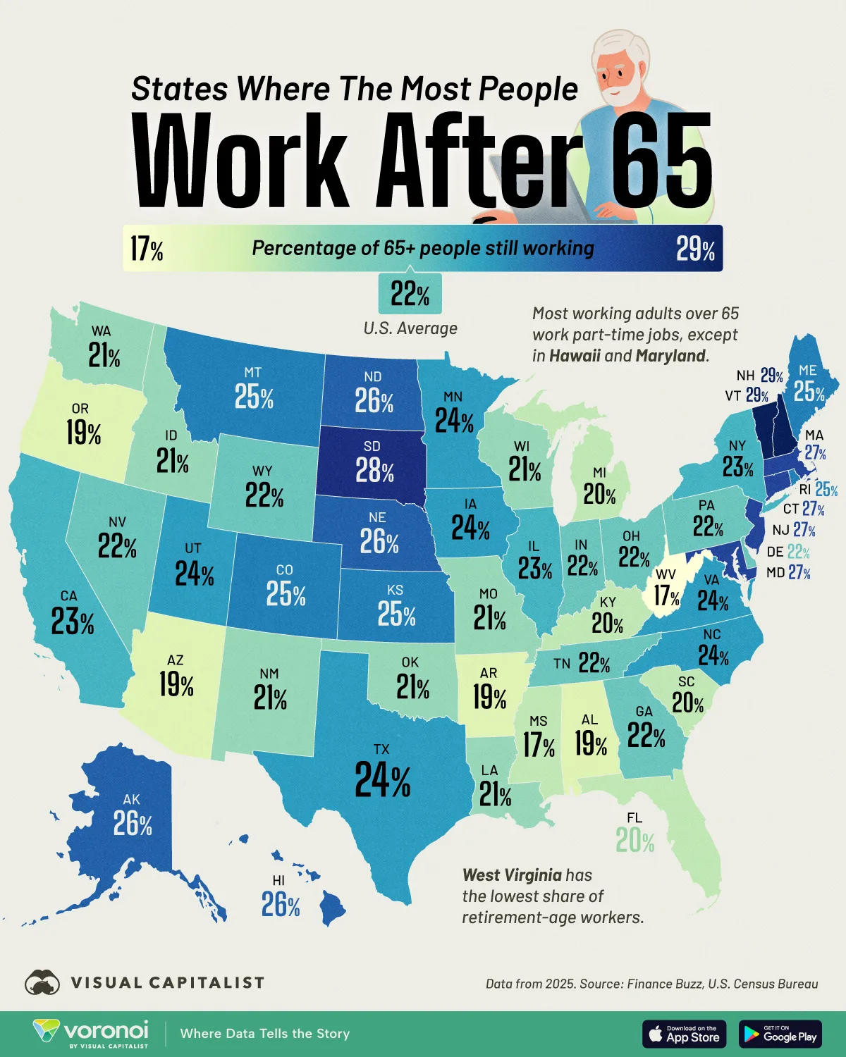 Map of the U.S. showing the percentage of older people in different states who still work.
