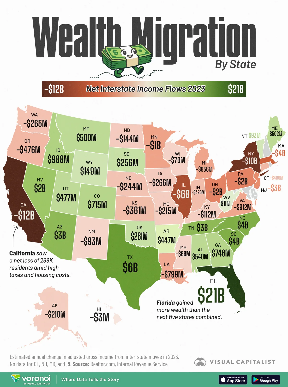 Map showing wealth migration by state in 2023.