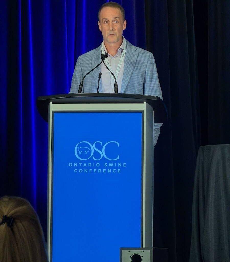 Cameron Farrell, who works for Paragon Pork, was honoured with the Ontario Pork Producer Award at the Ontario Swine Conference banquet recently in Niagara Falls. Farrell has been an Ontario Pork delegate for Oxford County for many years and serves on the Swine Health Ontario board. Photo: John Greig