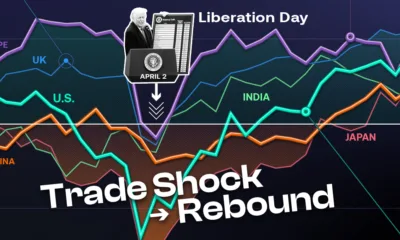 Part of a line chart showing the performance of major stock markets in 2025 alongside the text Trade Shock --> Rebound.