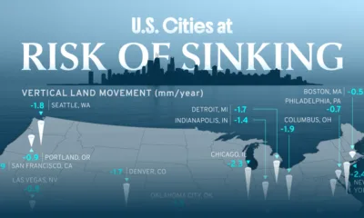 Preview of a U.S. map showing the cities that are sinking, using data from Nature Cities.