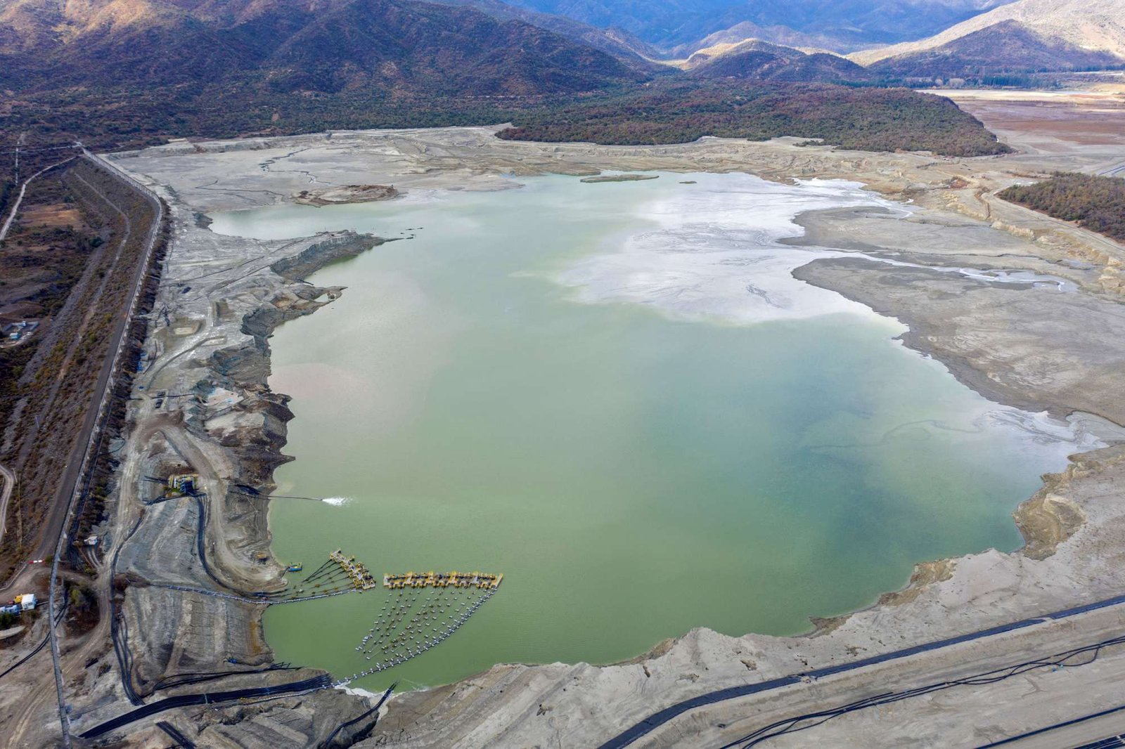 An aerial view of a tailings pond used to store byproducts of a copper mine in Rancagua, Chile in 2019.
