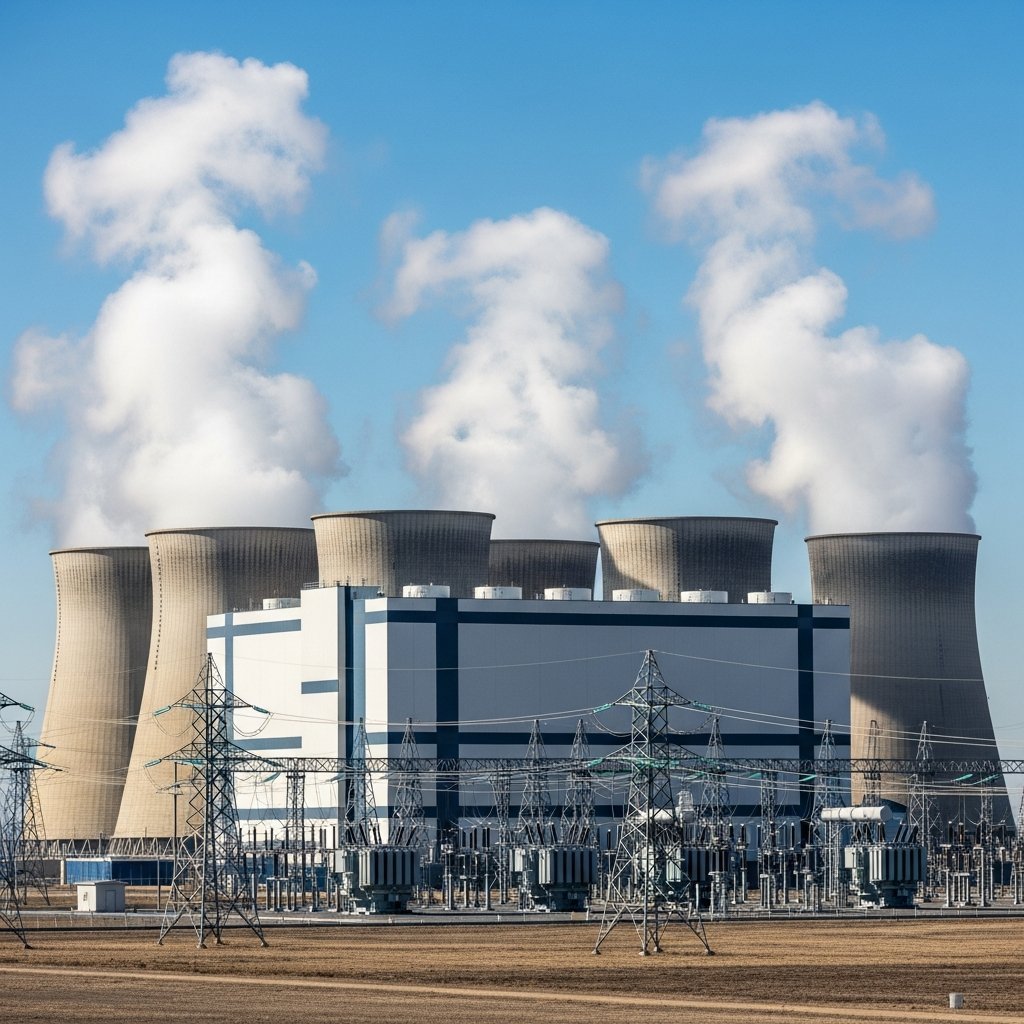 Exterior of a large data center with cooling towers releasing steam and power lines, illustrating energy and water consumptio