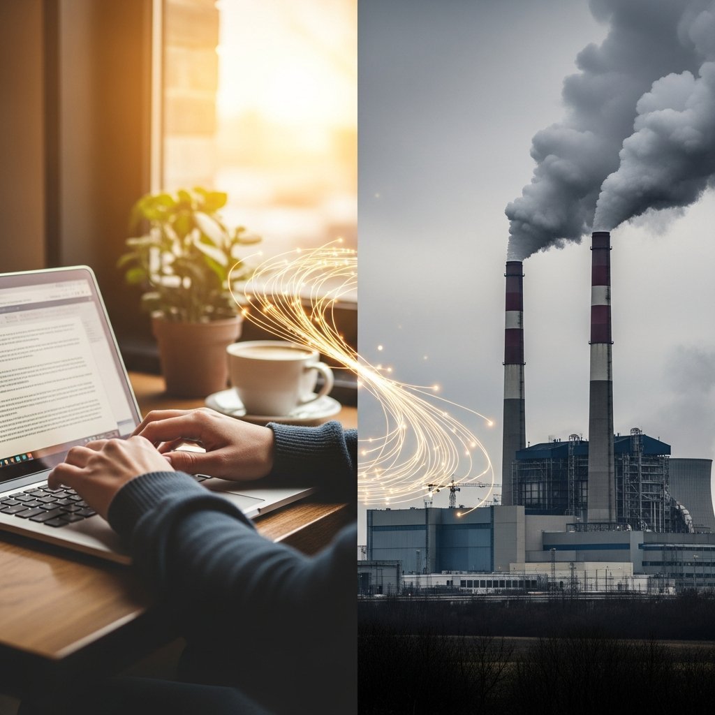 Person typing an AI prompt on a laptop contrasted with a fossil fuel power plant, illustrating hidden environmental impact of