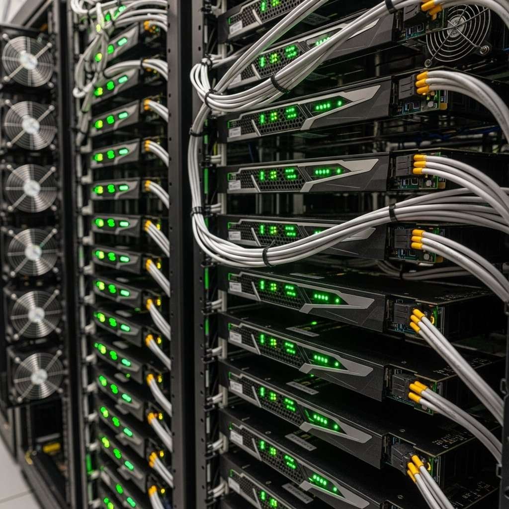 Rows of GPU server racks with glowing indicator lights inside a data center running AI model workloads.