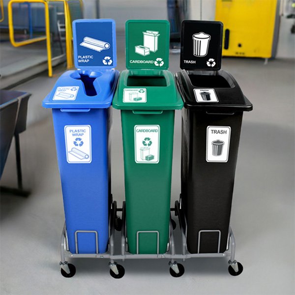 A set of recycling bins