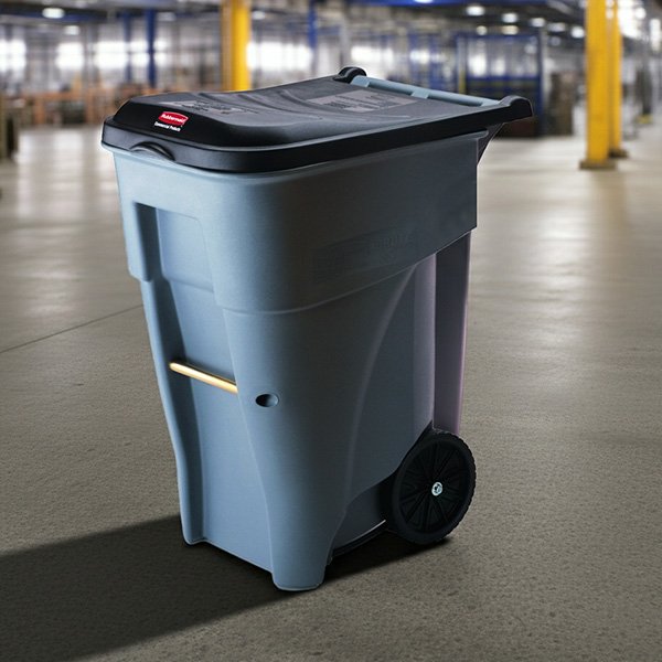 A recycling bin with wheels